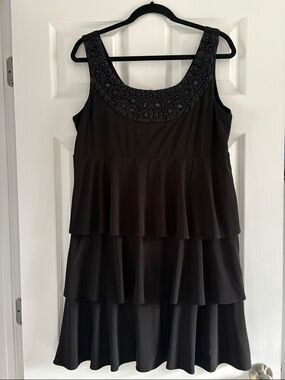 Tiana Tiered Black Mini Dress with Embellished Scoop Neck